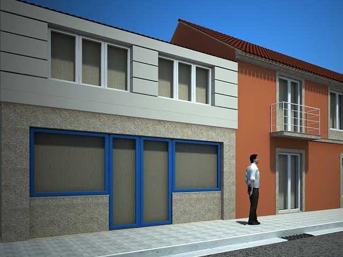 Infografía propuesta de fachada blanco en vivienda