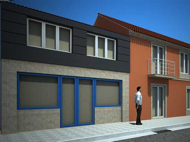 Infografía propuesta de fachada negro en vivienda
