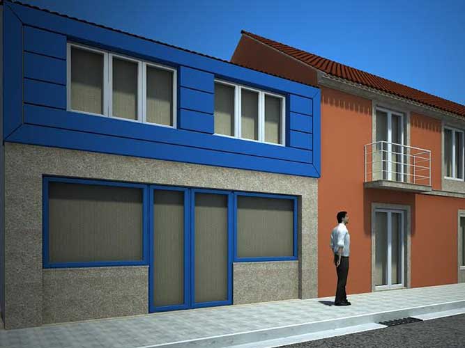 Infografía propuesta de fachada azul en vivienda