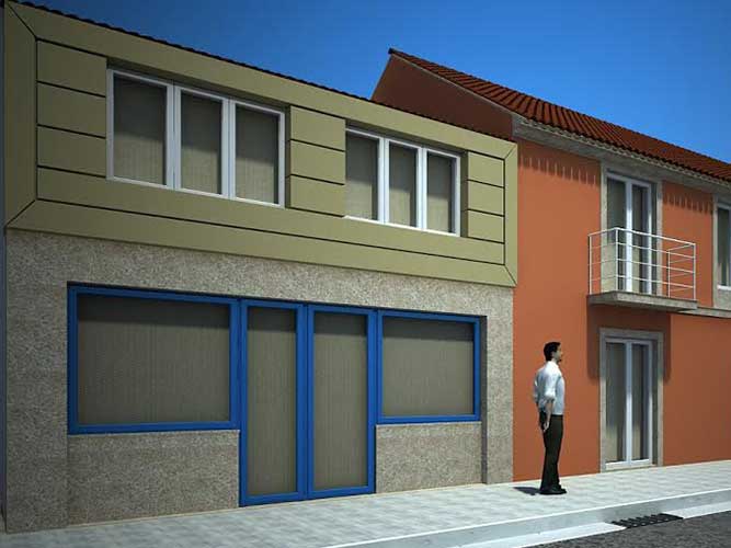 Infografía propuesta de fachada beige en vivienda