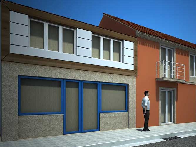 Infografía propuesta de fachada blanco y madera en vivienda