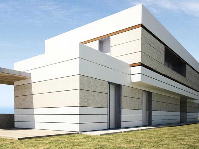Infografía propuesta de fachada blanca en vivienda de lujo
