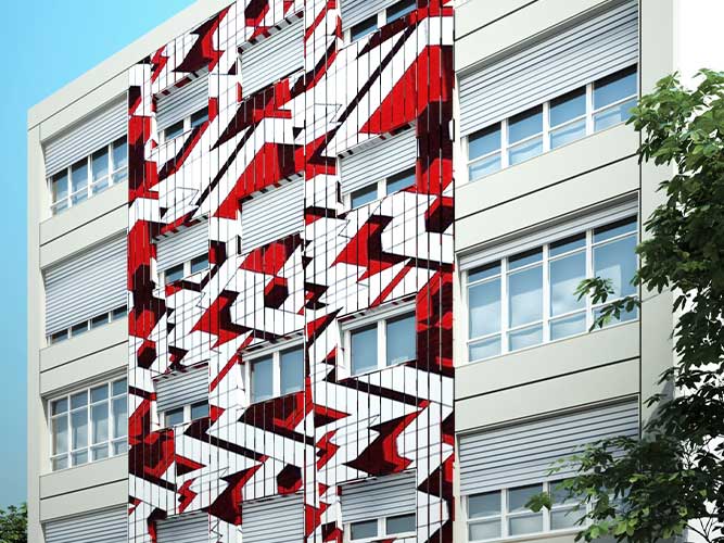 Infografía propuesta en colores rojos para fachada